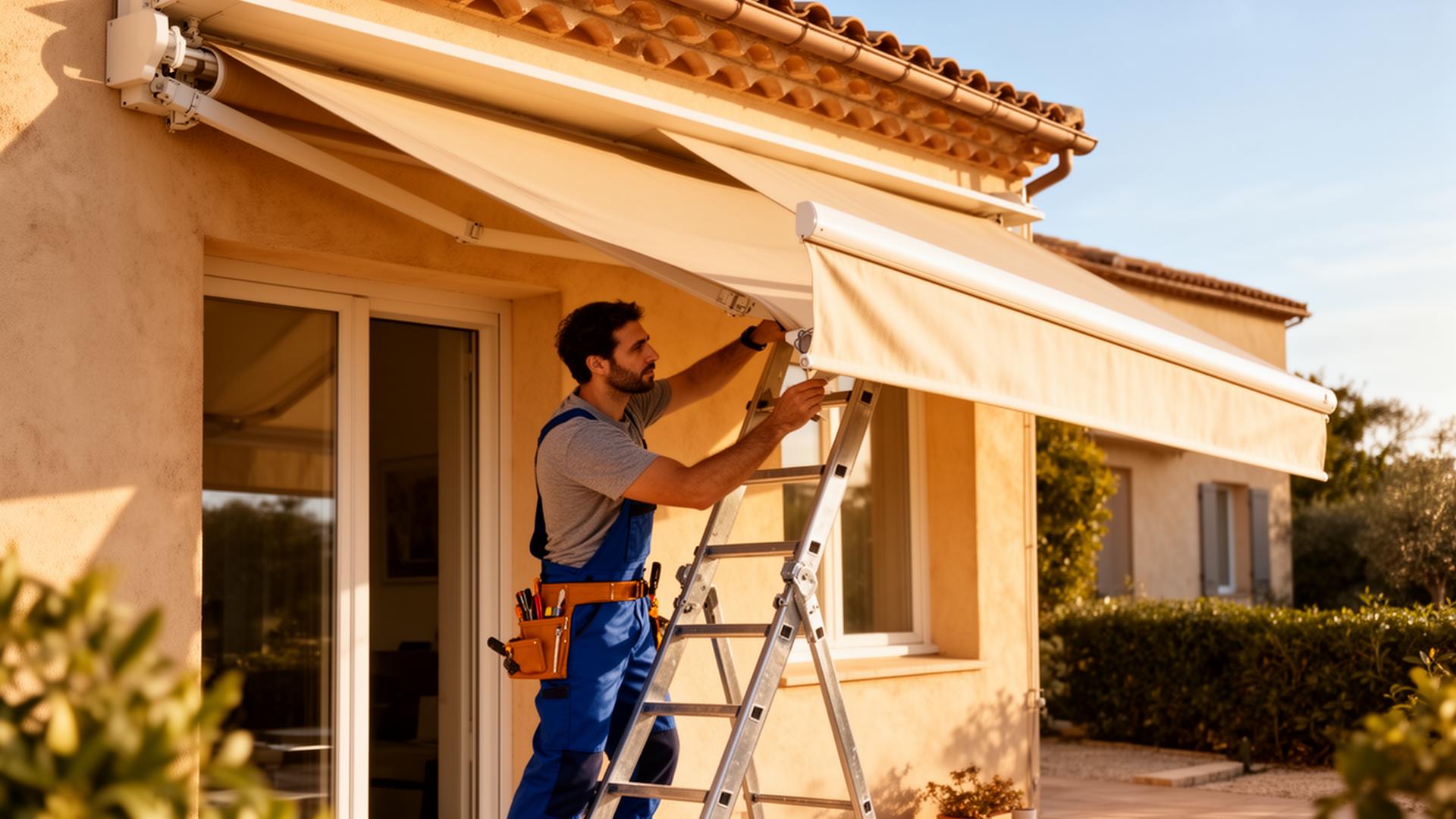 Installateur posant un store extérieur Mariton